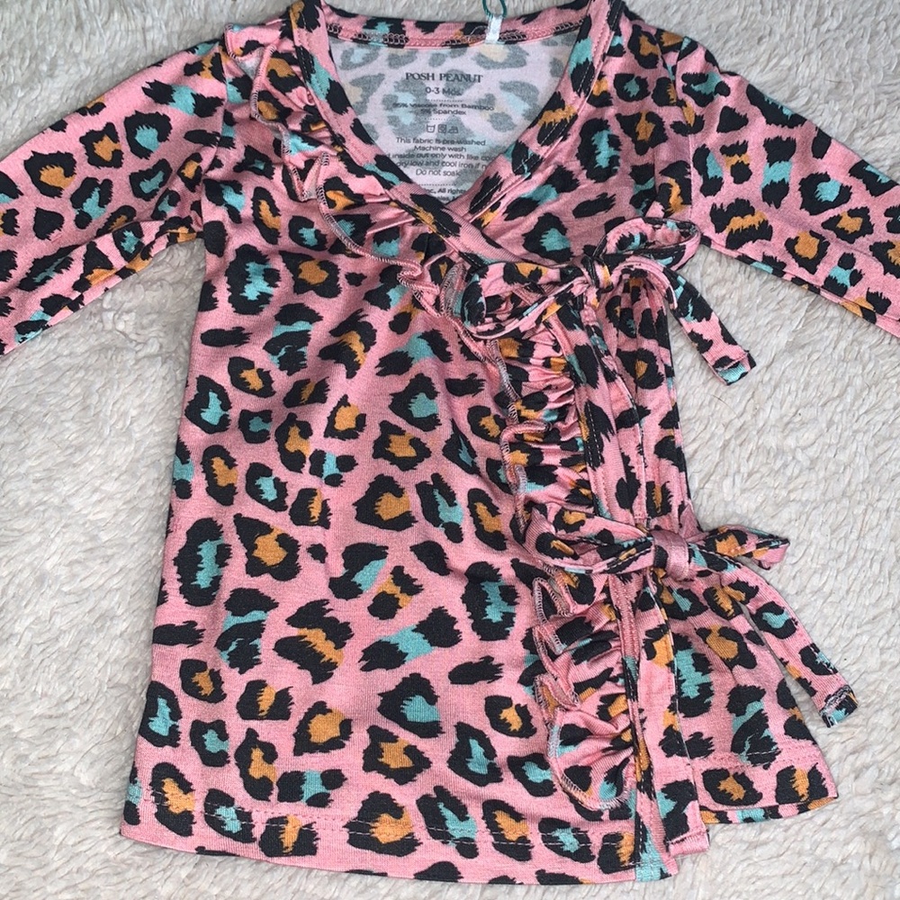 NWT Posh Peanut Roxy Tie Front Ruffled Kimono Set PINK LEOPARD 0-3M - Picture 2 of 11